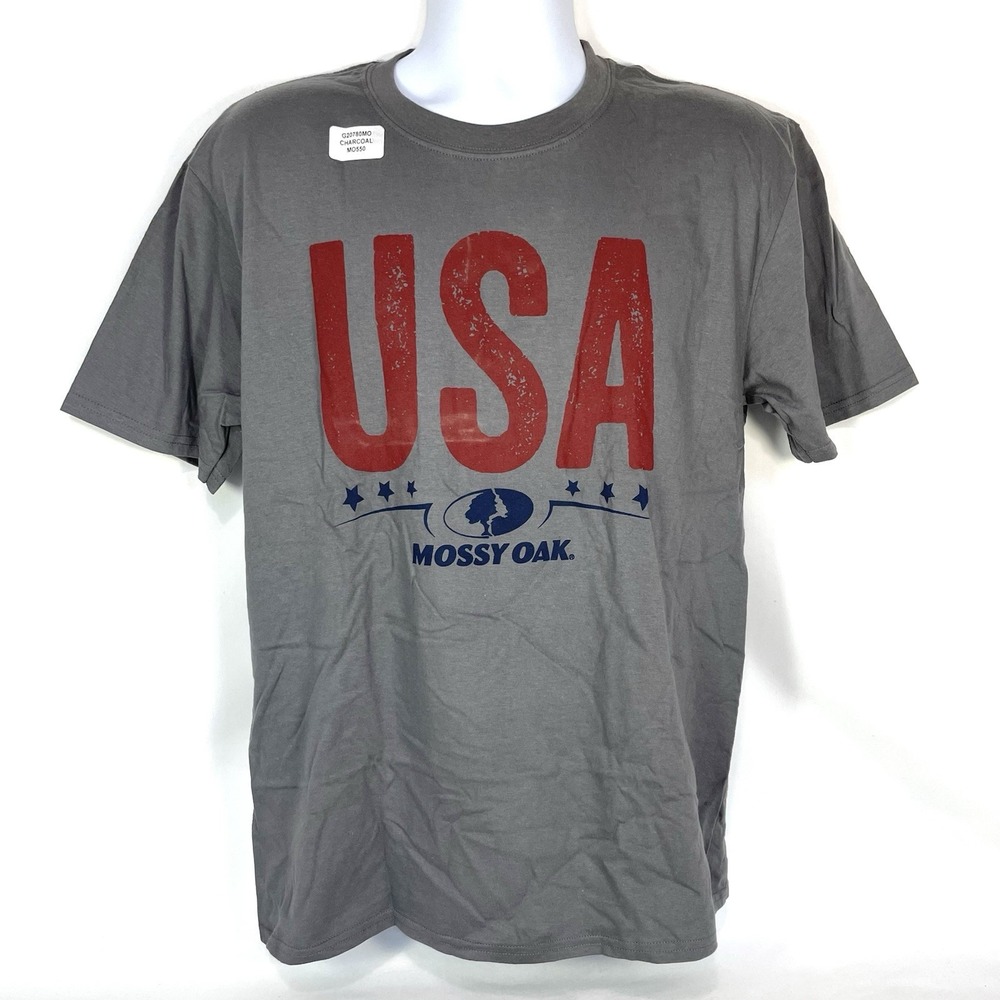 Mossy Oak USA T-Shirt Men's Large Gray Distressed Patriotic Graphic Tee